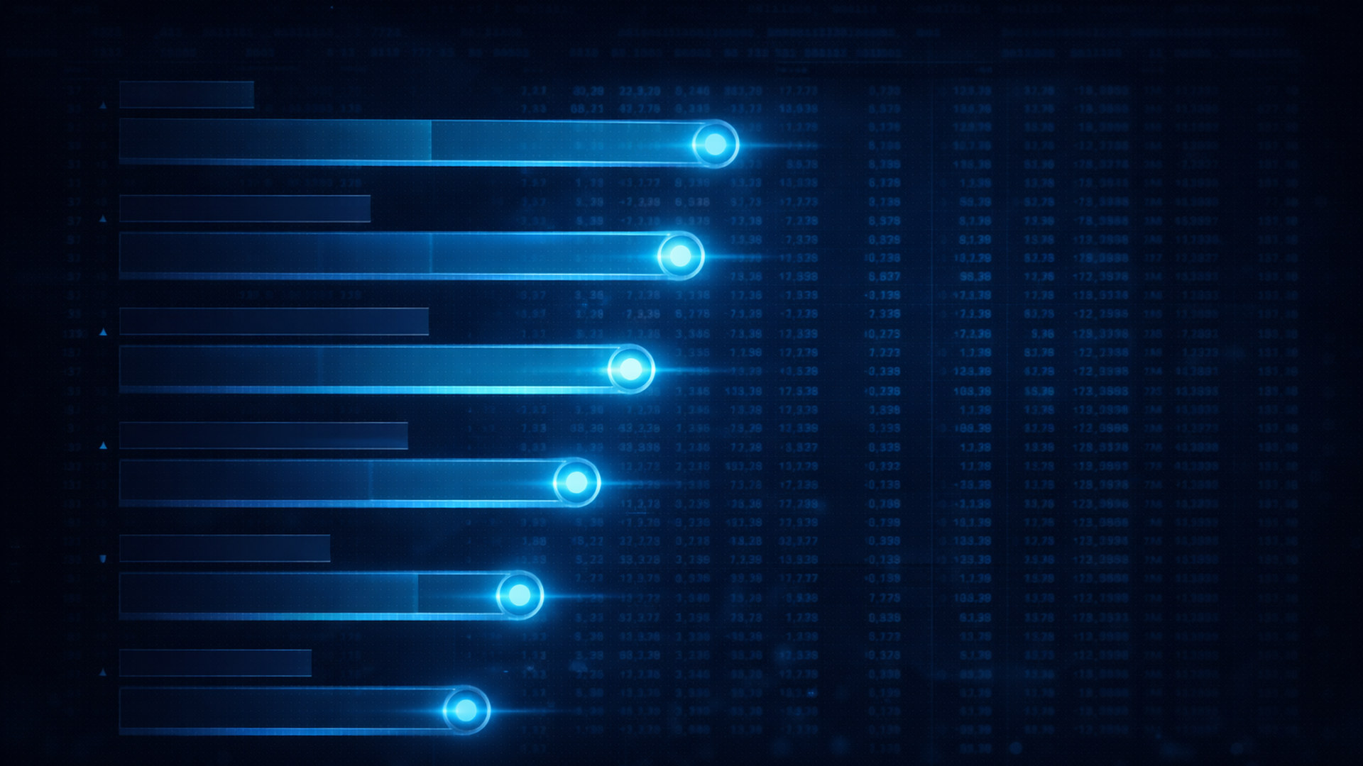 Abstract dark dashboard with ranked equity candidates as glowing horizontal score bars overlaid on a faint options chain grid