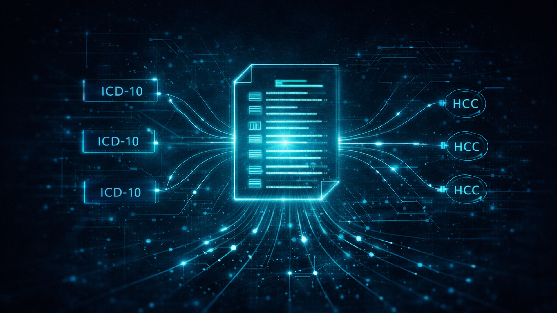 Glowing text extraction lines flowing from a medical chart PDF to ICD-10 code nodes on a dark teal-toned background