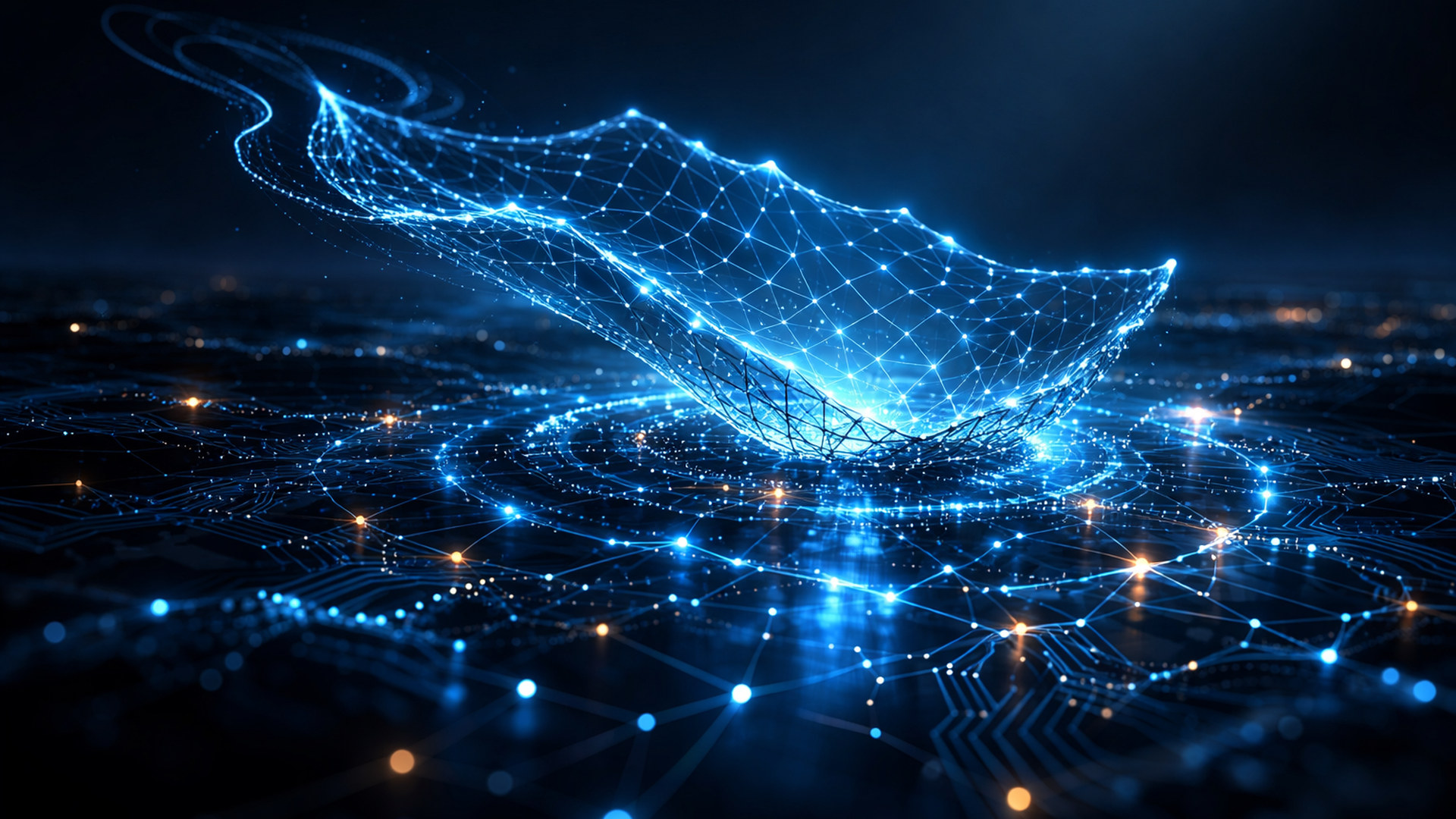 Luminous cast net of blue data connections thrown across a dark ocean of glowing nodes and circuit paths